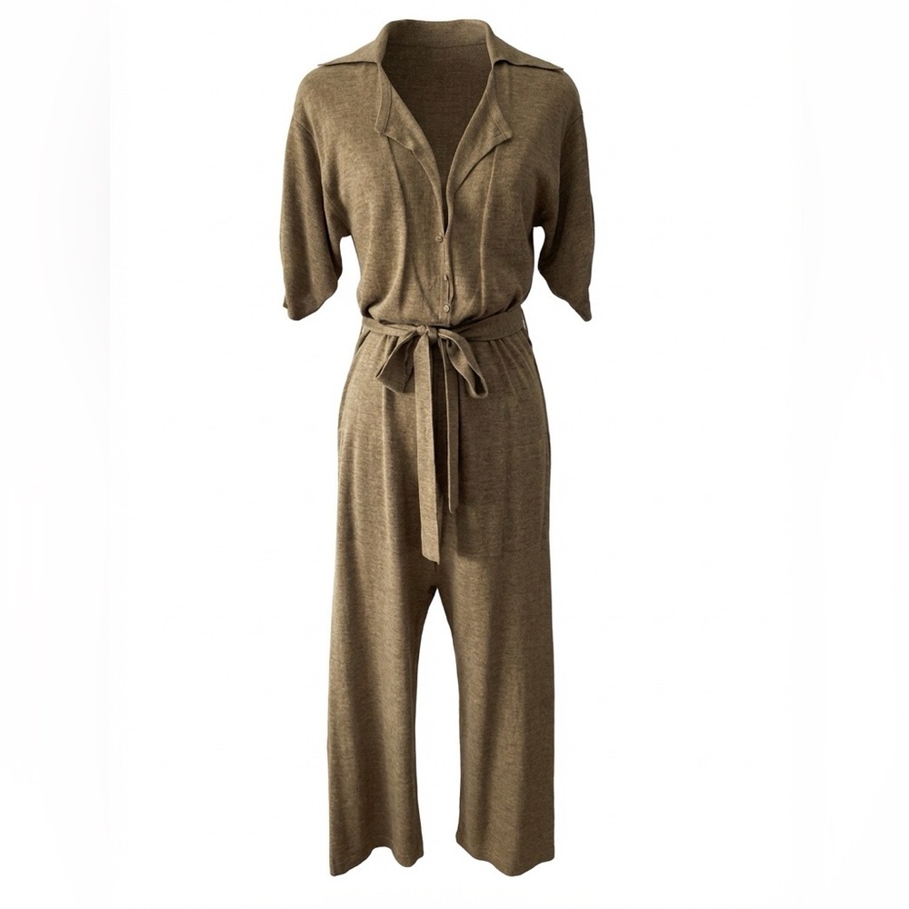 BCBG MaxAzria Tan Knit Belted Wide Leg Gaucho Jumpsuit Collared XS